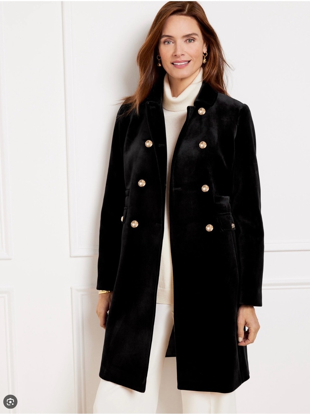 Talbots Black Velvet Double-Breasted Coat with Gold Buttons Size 12